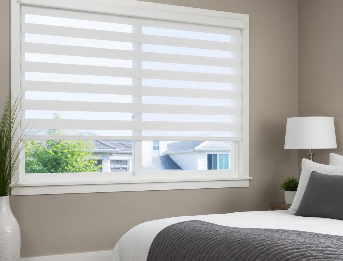 Rolô double vision branco em quarto com faixas alinhadas