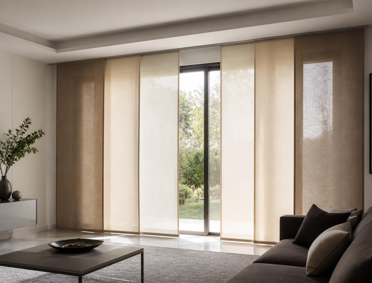 Cortina painel em tons neutros cobrindo porta de vidro