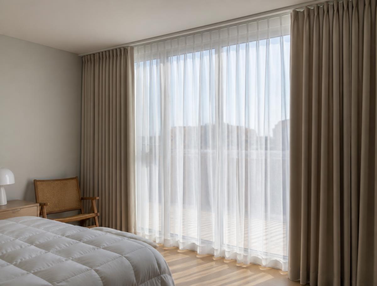 Cortina voal combinada com blackout em quarto de casal