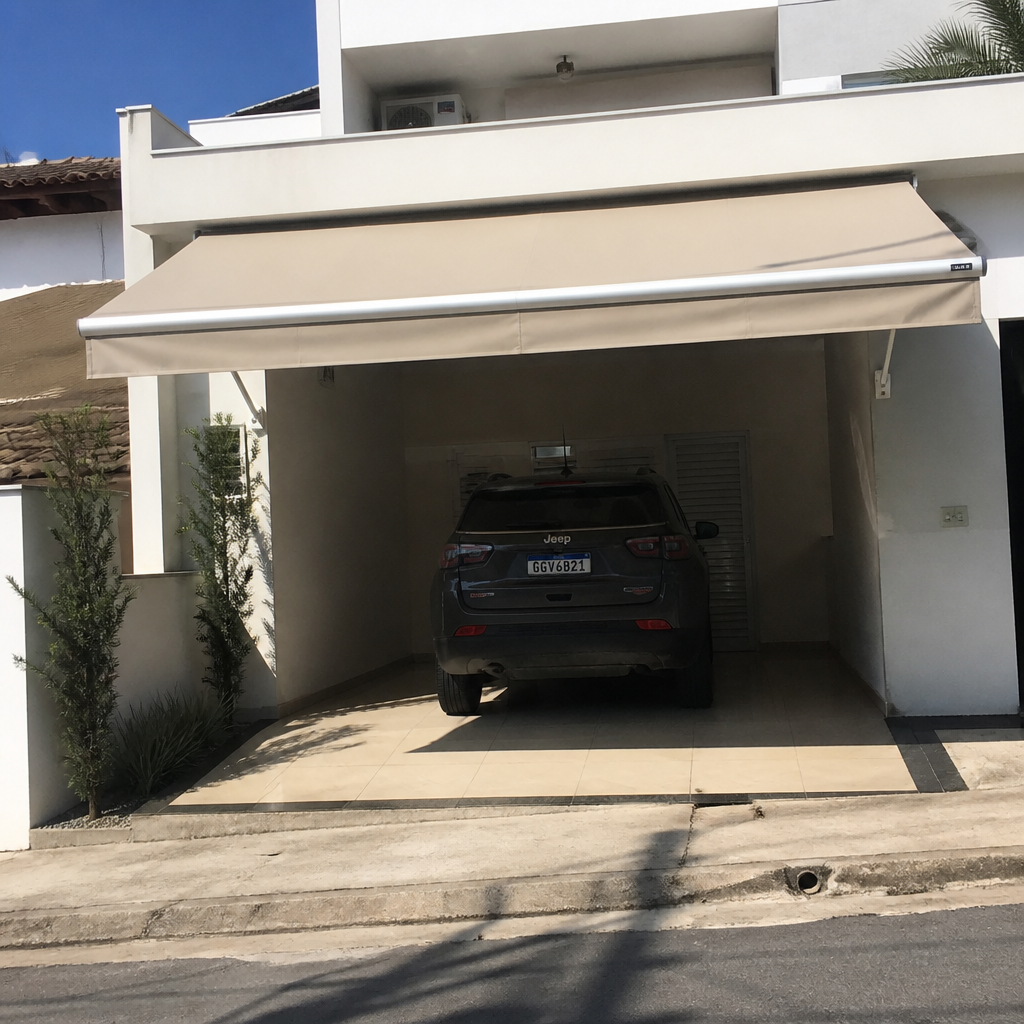 Toldo articulado sombreando quintal com jardim
